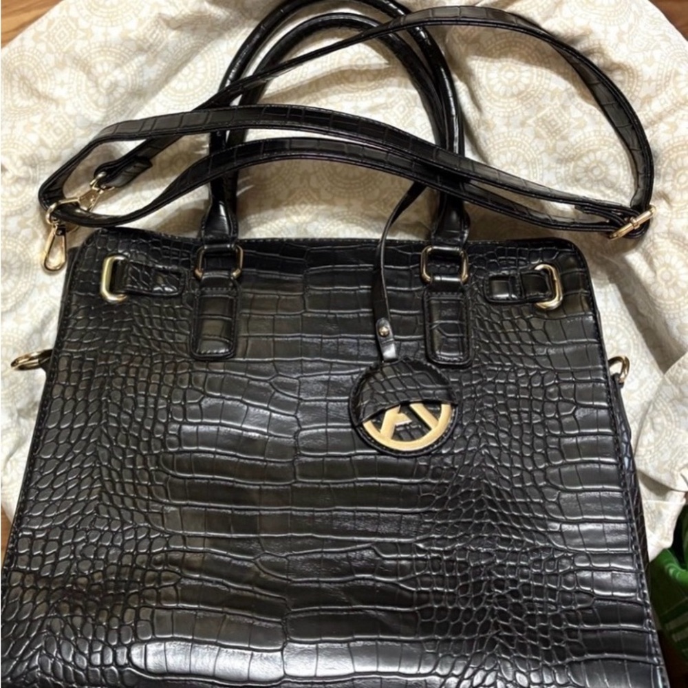 Black Croc-Embossed Shoulder Tote with Gold Accent